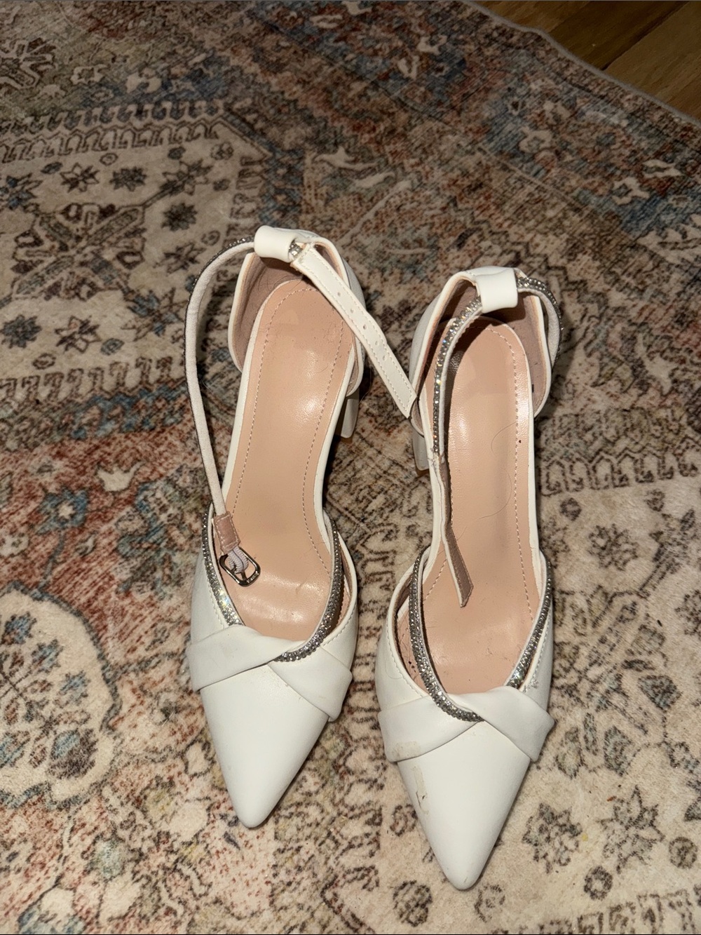 Women's White Pointed Toe Ankle Strap Heels with Silver Accent